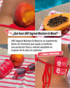 Mujer mostrando URO Intimo Moisture + Mood con frutas, resaltando su enfoque en la salud íntima y bienestar hormonal.