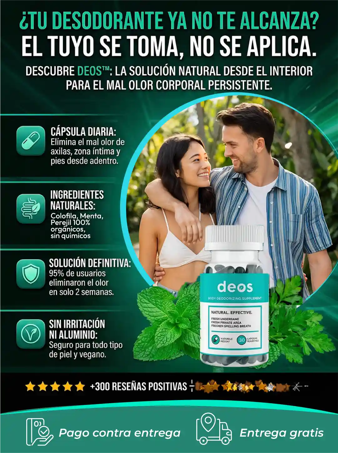 DEOS suplemento desodorante en frasco, desodorante interno eficaz y natural, 30 cápsulas para eliminar olores.