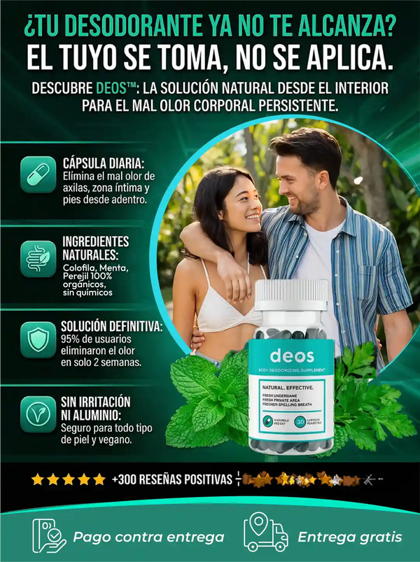 DEOS suplemento desodorante en frasco, desodorante interno eficaz y natural, 30 cápsulas para eliminar olores.